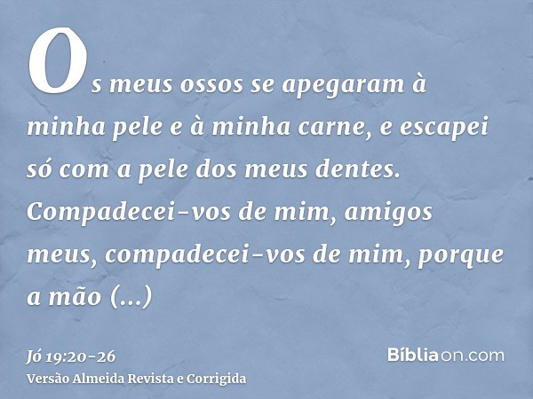 Os meus ossos se apegaram à minha pele e à minha carne, e escapei só com a pele dos meus dentes.Compadecei-vos de mim, amigos meus, compadecei-vos de mim, porqu