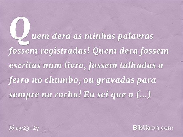 "Quem dera as minhas palavras
fossem registradas!
Quem dera fossem escritas num livro, fossem talhadas a ferro no chumbo,
ou gravadas para sempre na rocha! Eu s