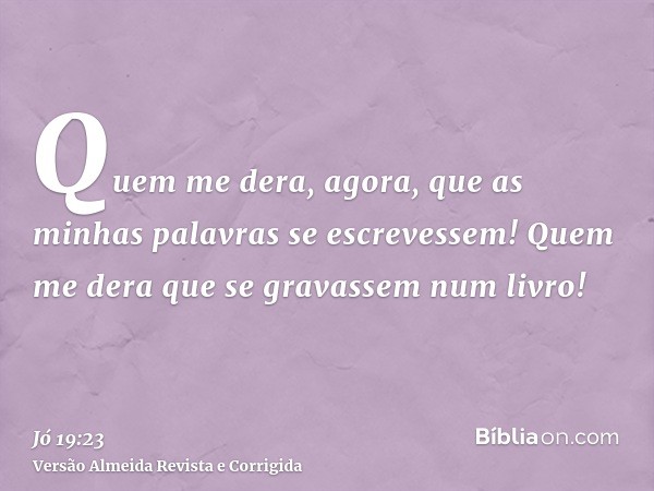 Quem me dera, agora, que as minhas palavras se escrevessem! Quem me dera que se gravassem num livro!
