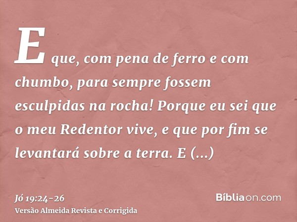 E que, com pena de ferro e com chumbo, para sempre fossem esculpidas na rocha!Porque eu sei que o meu Redentor vive, e que por fim se levantará sobre a terra.E 