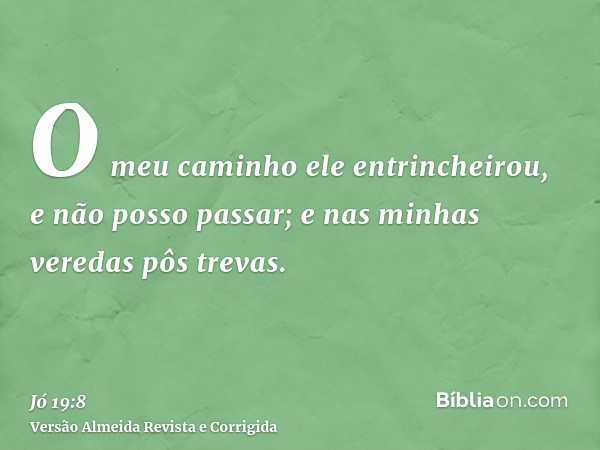 O meu caminho ele entrincheirou, e não posso passar; e nas minhas veredas pôs trevas.