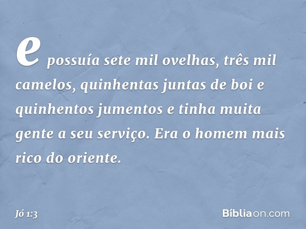 e possuía sete mil ovelhas, três mil came­los, quinhentas juntas de boi e quinhentos jumentos e tinha muita gente a seu serviço. Era o homem mais rico do orient