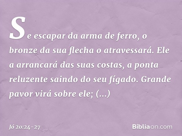 Se escapar da arma de ferro,
o bronze da sua flecha o atravessará. Ele a arrancará das suas costas,
a ponta reluzente saindo do seu fígado.
Grande pavor virá so