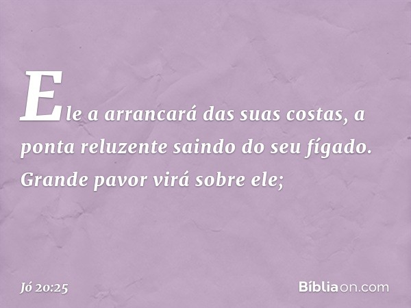 Ele a arrancará das suas costas,
a ponta reluzente saindo do seu fígado.
Grande pavor virá sobre ele; -- Jó 20:25