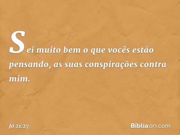 "Sei muito bem
o que vocês estão pensando,
as suas conspirações contra mim. -- Jó 21:27