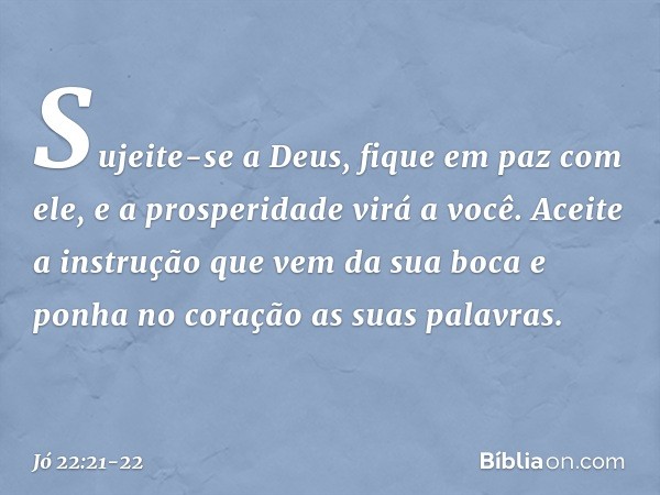 "Sujeite-se a Deus,
fique em paz com ele,
e a prosperidade virá a você. Aceite a instrução
que vem da sua boca
e ponha no coração
as suas palavras. -- Jó 22:21-