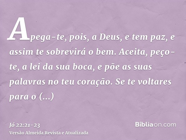 Apega-te, pois, a Deus, e tem paz, e assim te sobrevirá o bem.Aceita, peço-te, a lei da sua boca, e põe as suas palavras no teu coração.Se te voltares para o To