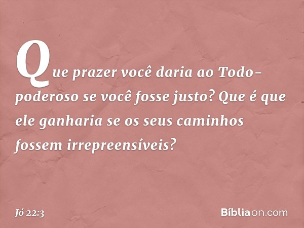 Que prazer você daria
ao Todo-poderoso
se você fosse justo?
Que é que ele ganharia se os seus
caminhos fossem irrepreensíveis? -- Jó 22:3