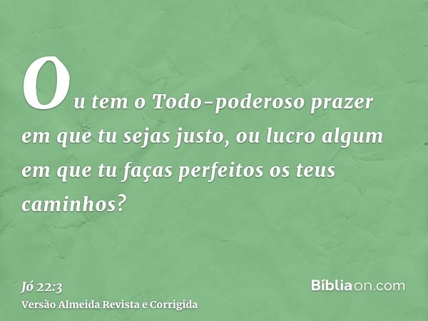 Ou tem o Todo-poderoso prazer em que tu sejas justo, ou lucro algum em que tu faças perfeitos os teus caminhos?