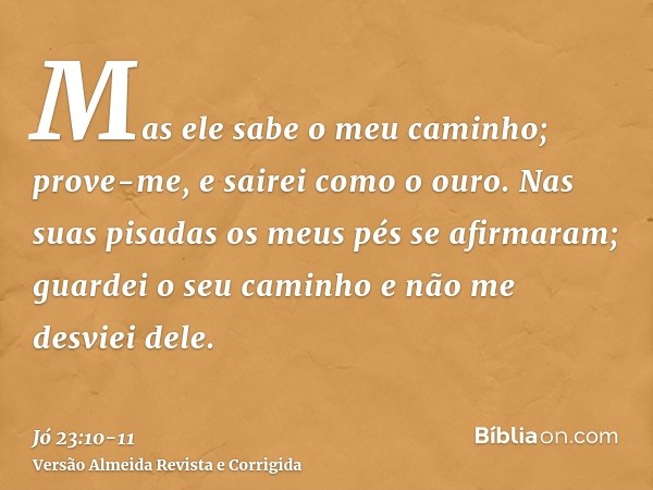 Mas ele sabe o meu caminho; prove-me, e sairei como o ouro.Nas suas pisadas os meus pés se afirmaram; guardei o seu caminho e não me desviei dele.