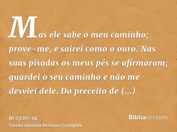 Mas ele sabe o meu caminho; prove-me, e sairei como o ouro.Nas suas pisadas os meus pés se afirmaram; guardei o seu caminho e não me desviei dele.Do preceito de