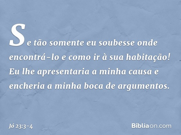 Se tão somente eu soubesse
onde encontrá-lo e como ir à sua habitação! Eu lhe apresentaria a minha causa
e encheria a minha boca
de argumentos. -- Jó 23:3-4