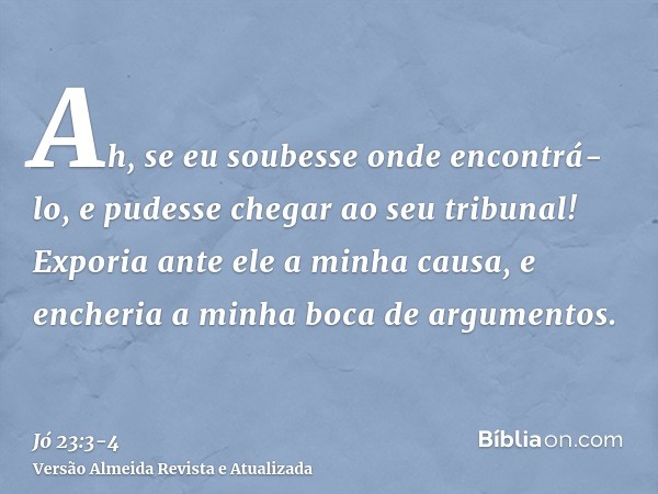 Ah, se eu soubesse onde encontrá-lo, e pudesse chegar ao seu tribunal!Exporia ante ele a minha causa, e encheria a minha boca de argumentos.