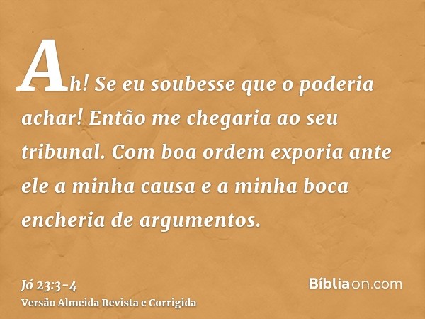 Ah! Se eu soubesse que o poderia achar! Então me chegaria ao seu tribunal.Com boa ordem exporia ante ele a minha causa e a minha boca encheria de argumentos.