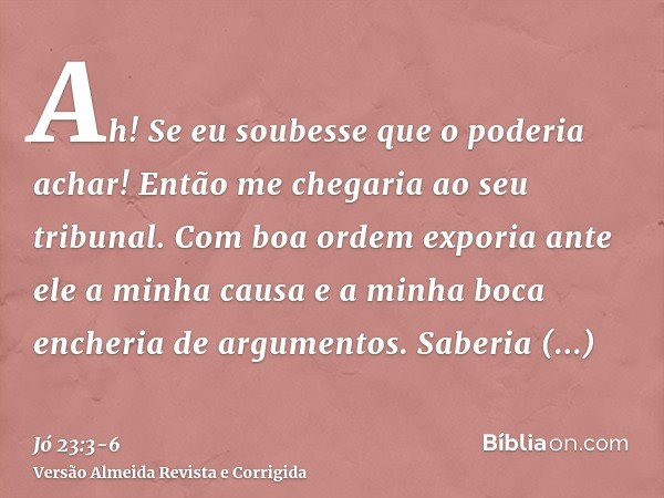 Ah! Se eu soubesse que o poderia achar! Então me chegaria ao seu tribunal.Com boa ordem exporia ante ele a minha causa e a minha boca encheria de argumentos.Sab