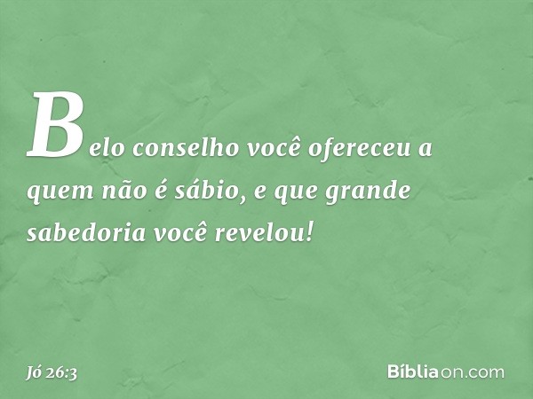 Belo conselho você ofereceu
a quem não é sábio,
e que grande sabedoria você revelou! -- Jó 26:3