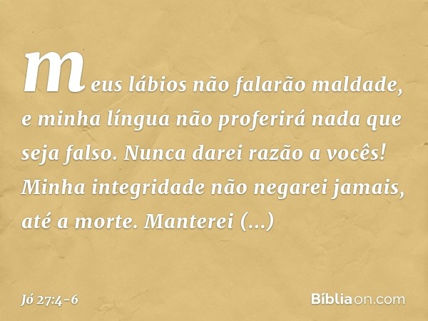 meus lábios não falarão maldade,
e minha língua não proferirá
nada que seja falso. Nunca darei razão a vocês!
Minha integridade não negarei jamais,
até a morte.