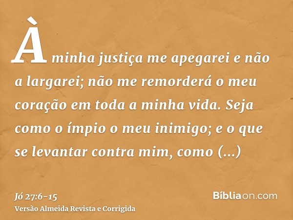 À minha justiça me apegarei e não a largarei; não me remorderá o meu coração em toda a minha vida.Seja como o ímpio o meu inimigo; e o que se levantar contra mi