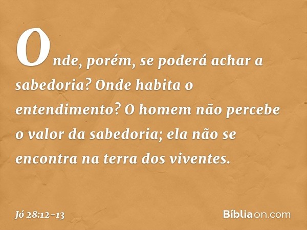 "Onde, porém, se poderá
achar a sabedoria?
Onde habita o entendimento? O homem não percebe
o valor da sabedoria;
ela não se encontra
na terra dos viventes. -- J