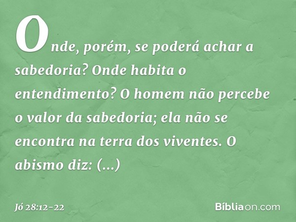 "Onde, porém, se poderá
achar a sabedoria?
Onde habita o entendimento? O homem não percebe
o valor da sabedoria;
ela não se encontra
na terra dos viventes. O ab