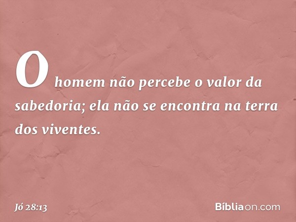 O homem não percebe
o valor da sabedoria;
ela não se encontra
na terra dos viventes. -- Jó 28:13