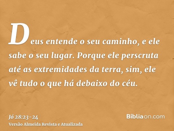 Deus entende o seu caminho, e ele sabe o seu lugar.Porque ele perscruta até as extremidades da terra, sim, ele vê tudo o que há debaixo do céu.