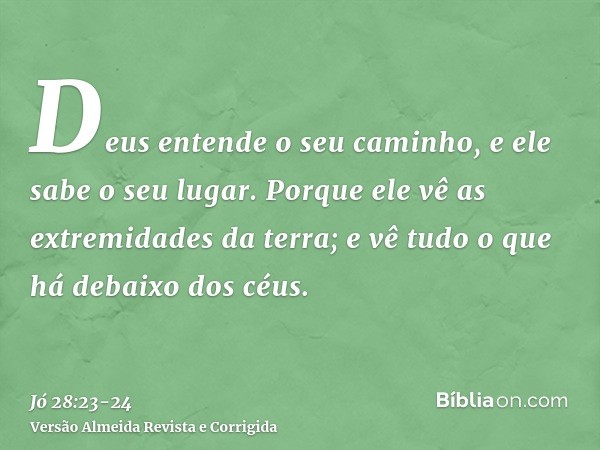 Deus entende o seu caminho, e ele sabe o seu lugar.Porque ele vê as extremidades da terra; e vê tudo o que há debaixo dos céus.