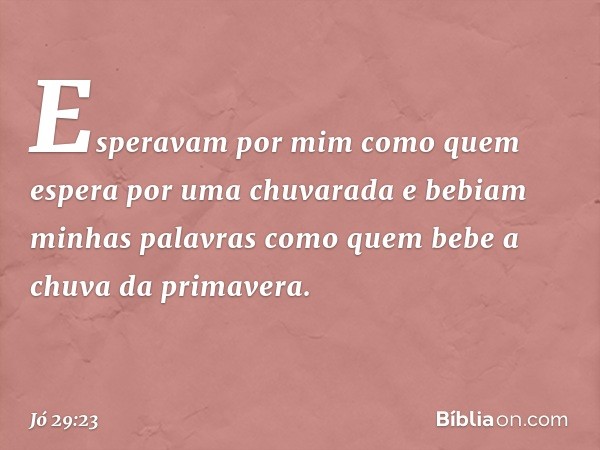 Esperavam por mim
como quem espera
por uma chuvarada
e bebiam minhas palavras
como quem bebe a chuva
da primavera. -- Jó 29:23