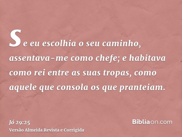 se eu escolhia o seu caminho, assentava-me como chefe; e habitava como rei entre as suas tropas, como aquele que consola os que pranteiam.