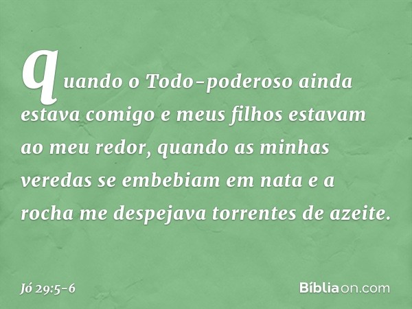 quando o Todo-poderoso
ainda estava comigo
e meus filhos estavam ao meu redor, quando as minhas veredas
se embebiam em nata
e a rocha me despejava
torrentes de 