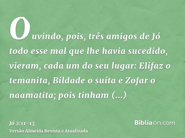 Ouvindo, pois, três amigos de Jó todo esse mal que lhe havia sucedido, vieram, cada um do seu lugar: Elifaz o temanita, Bildade o suíta e Zofar o naamatita; poi