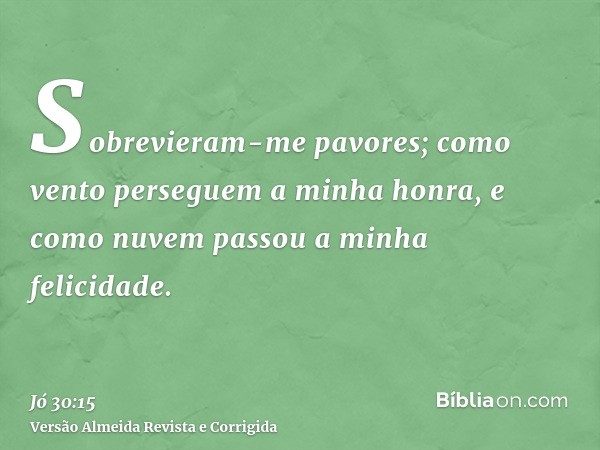 Sobrevieram-me pavores; como vento perseguem a minha honra, e como nuvem passou a minha felicidade.