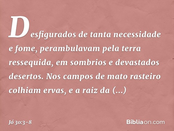 Desfigurados
de tanta necessidade e fome,
perambulavam pela terra ressequida,
em sombrios e devastados desertos. Nos campos de mato rasteiro
colhiam ervas,
e a 