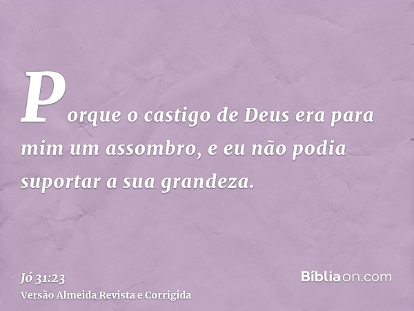 Porque o castigo de Deus era para mim um assombro, e eu não podia suportar a sua grandeza.