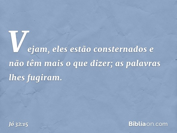 "Vejam, eles estão consternados
e não têm mais o que dizer;
as palavras lhes fugiram. -- Jó 32:15