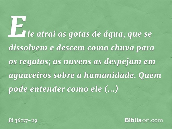 "Ele atrai as gotas de água,
que se dissolvem
e descem como chuva
para os regatos; as nuvens as despejam em aguaceiros
sobre a humanidade. Quem pode entender
co