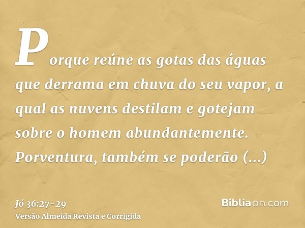 Porque reúne as gotas das águas que derrama em chuva do seu vapor,a qual as nuvens destilam e gotejam sobre o homem abundantemente.Porventura, também se poderão