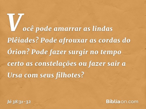 "Você pode amarrar
as lindas Plêiades?
Pode afrouxar as cordas do Órion? Pode fazer surgir no tempo certo
as constelações
ou fazer sair a Ursa
com seus filhotes