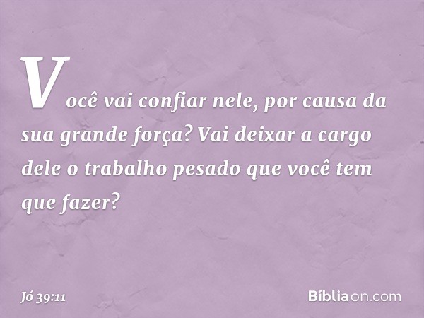 Você vai confiar nele,
por causa da sua grande força?
Vai deixar a cargo dele
o trabalho pesado
que você tem que fazer? -- Jó 39:11