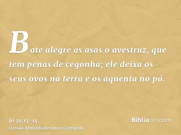 Bate alegre as asas o avestruz, que tem penas de cegonha;ele deixa os seus ovos na terra e os aquenta no pó.