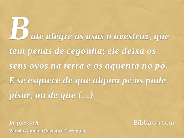 Bate alegre as asas o avestruz, que tem penas de cegonha;ele deixa os seus ovos na terra e os aquenta no pó.E se esquece de que algum pé os pode pisar, ou de qu