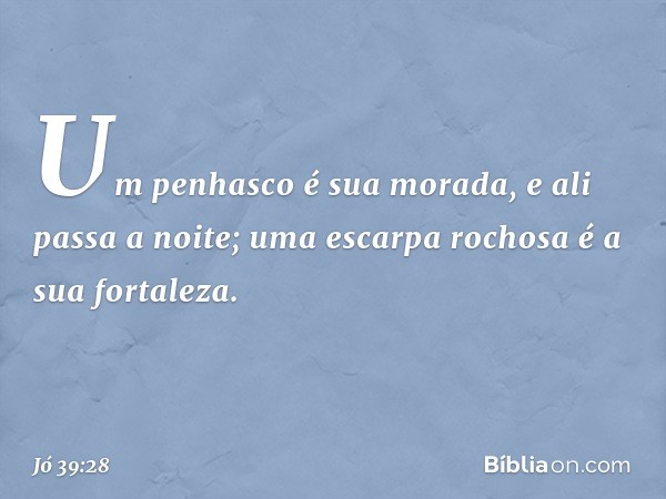 Um penhasco é sua morada,
e ali passa a noite;
uma escarpa rochosa é a sua fortaleza. -- Jó 39:28