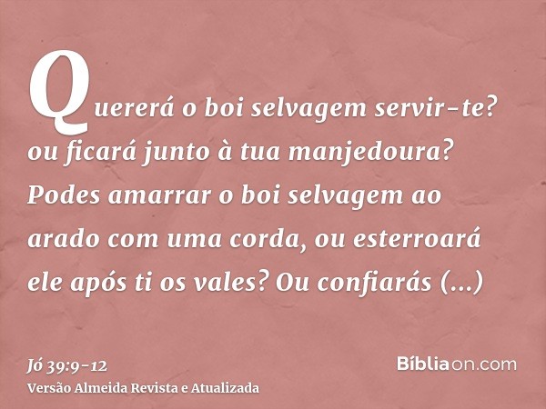 Quererá o boi selvagem servir-te? ou ficará junto à tua manjedoura?Podes amarrar o boi selvagem ao arado com uma corda, ou esterroará ele após ti os vales?Ou co