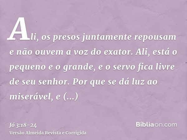 Ali, os presos juntamente repousam e não ouvem a voz do exator.Ali, está o pequeno e o grande, e o servo fica livre de seu senhor.Por que se dá luz ao miserável