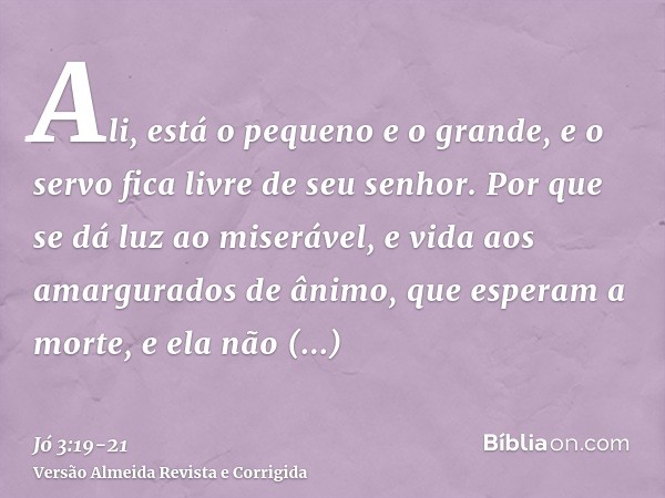 Ali, está o pequeno e o grande, e o servo fica livre de seu senhor.Por que se dá luz ao miserável, e vida aos amargurados de ânimo,que esperam a morte, e ela nã