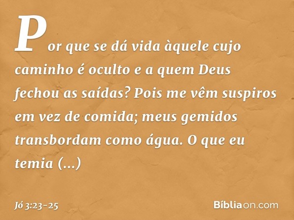 Por que se dá vida àquele
cujo caminho é oculto
e a quem Deus fechou as saídas? Pois me vêm suspiros
em vez de comida;
meus gemidos
transbordam como água. O que