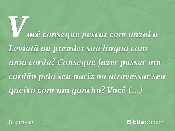 "Você consegue pescar com anzol
o Leviatã
ou prender sua língua com uma corda? Consegue fazer passar um cordão
pelo seu nariz
ou atravessar seu queixo
com um ga