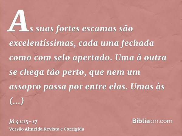 As suas fortes escamas são excelentíssimas, cada uma fechada como com selo apertado.Uma à outra se chega tão perto, que nem um assopro passa por entre elas.Umas