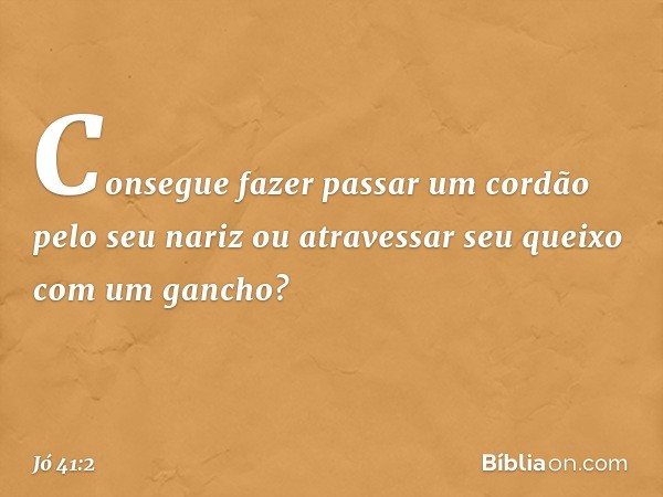 Consegue fazer passar um cordão
pelo seu nariz
ou atravessar seu queixo
com um gancho? -- Jó 41:2