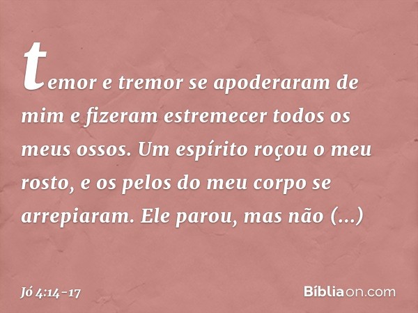 temor e tremor
se apoderaram de mim
e fizeram estremecer
todos os meus ossos. Um espírito roçou o meu rosto,
e os pelos do meu corpo
se arrepiaram. Ele parou,
m
